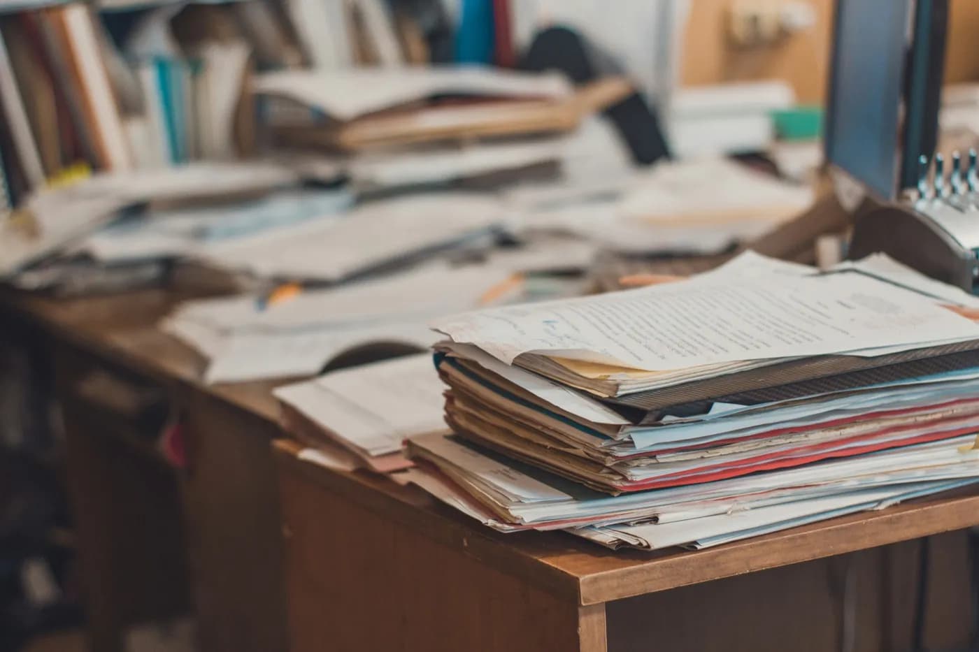 Bir ofis masasında üst üste yığılmış dosyalar ve evraklar