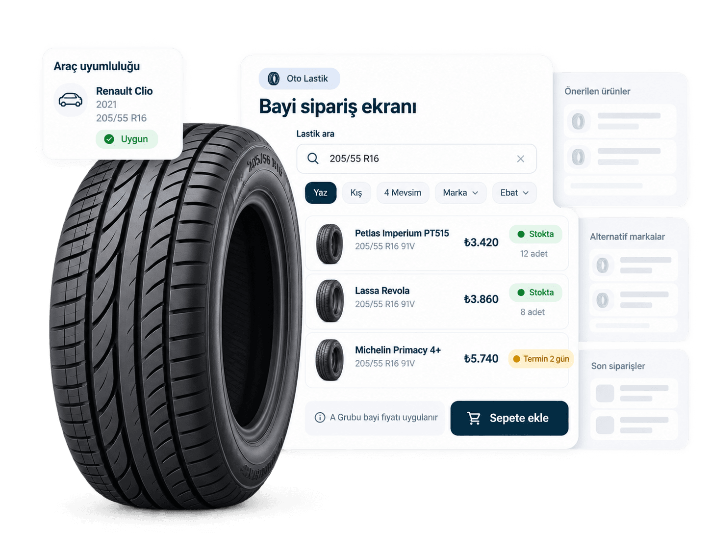 Oto lastik bayi sipariş ekranı: 205/55 R16 ebat araması, araç uyumluluğu ve marka bazlı bayi fiyatları