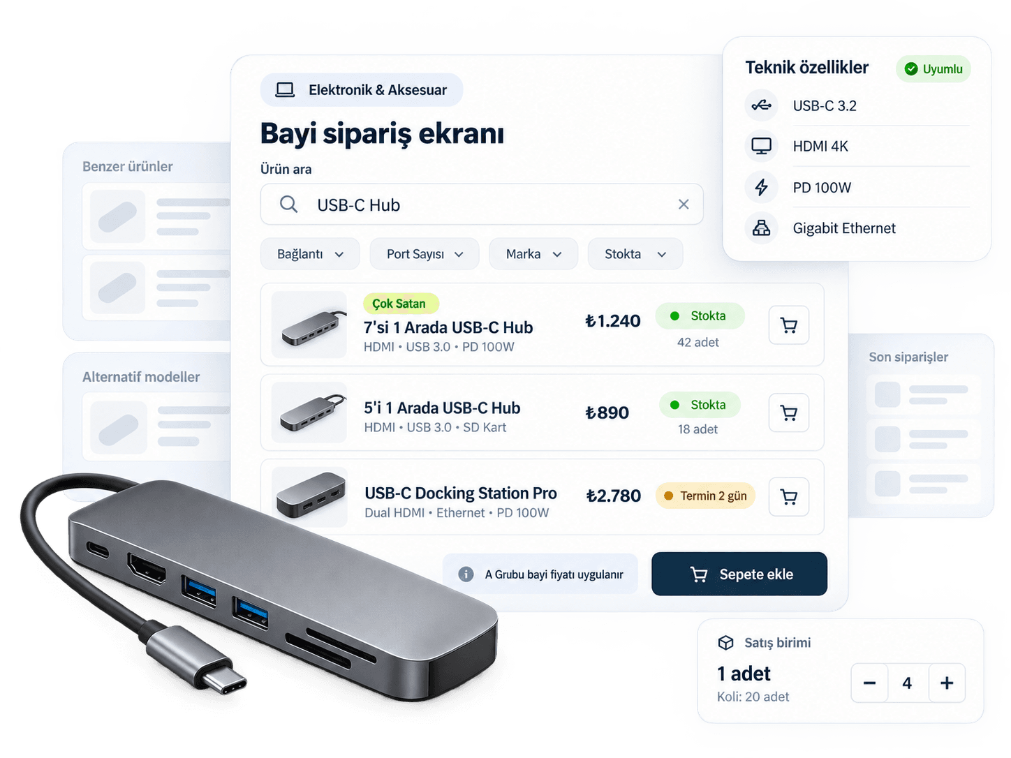 Elektronik ve aksesuar bayi sipariş ekranı: USB-C hub araması, teknik özellik filtreleri ve bayi fiyatları