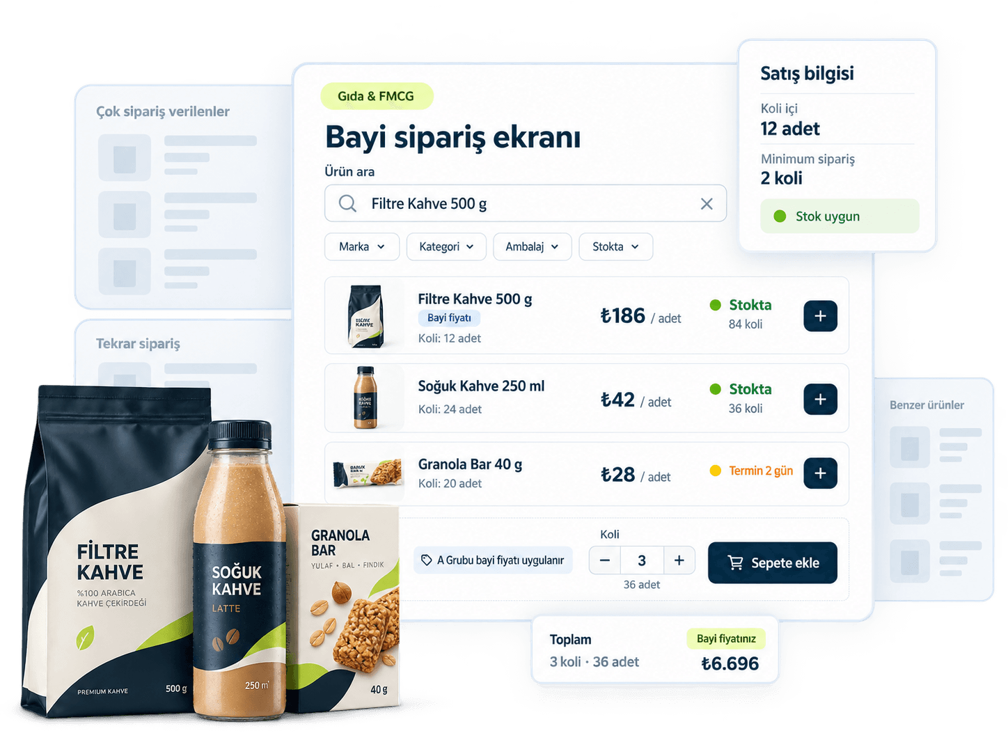 Gıda ve FMCG bayi sipariş ekranı: koli içi adet, minimum sipariş miktarı ve bayiye özel fiyatlarla ürün listesi